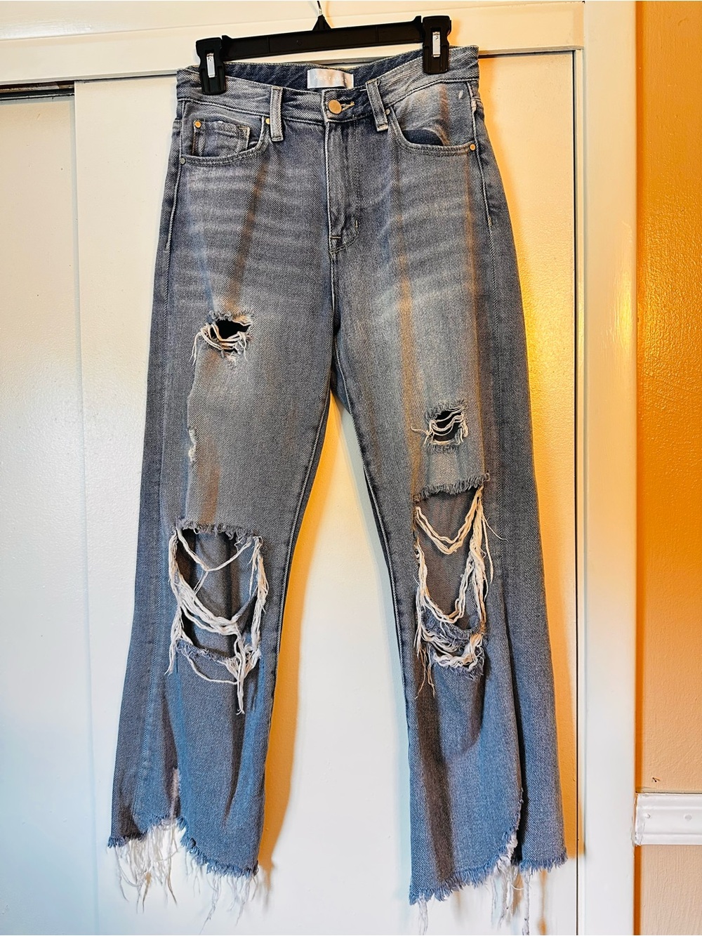 High-Rise Distressed Wide-Leg Jeans in Washed Blue